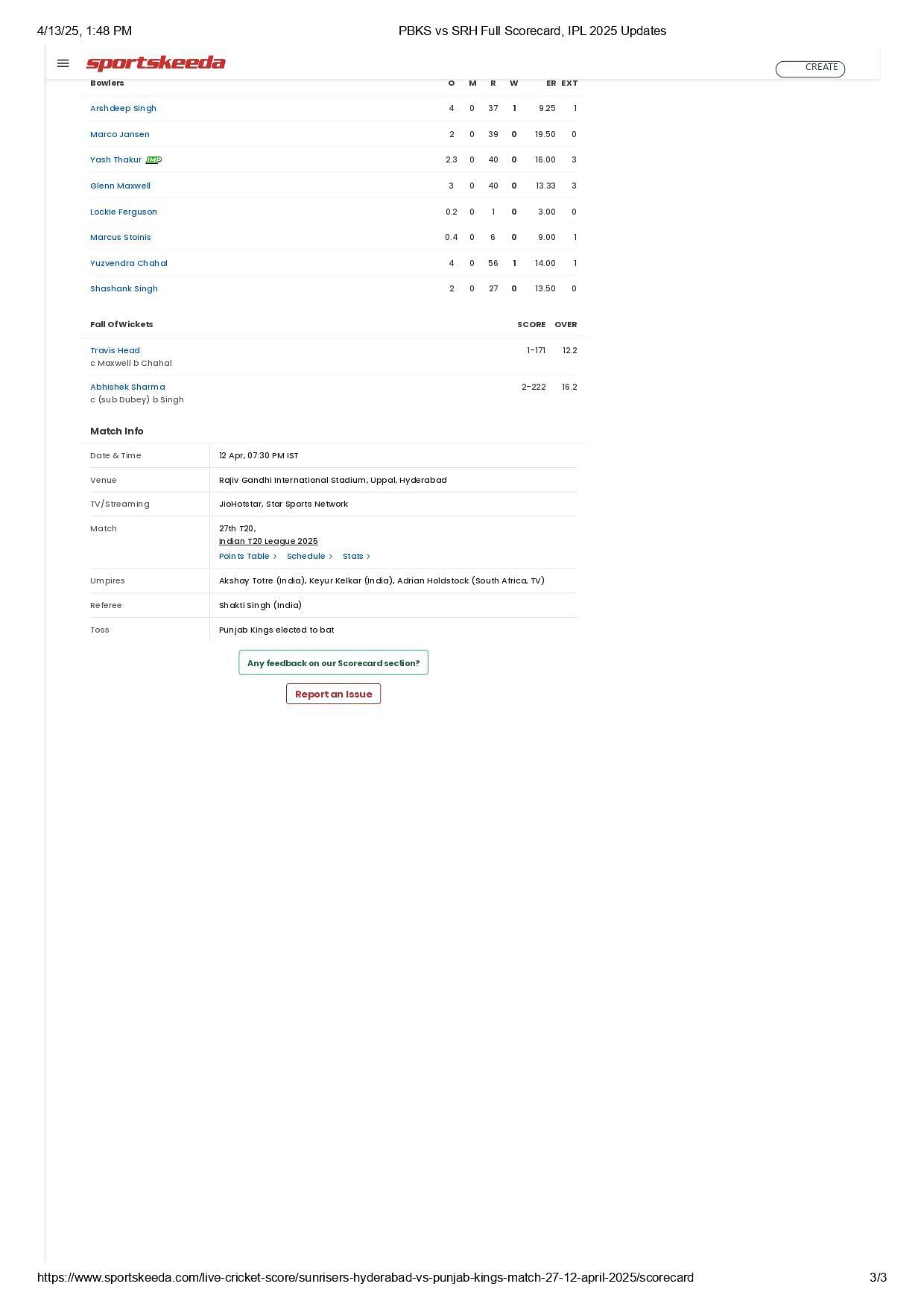 PBKS vs SRH 2025 scorecard.
